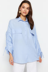 Stone Sleeves Adjustable Ruffle Detailed Woven Cotton Shirt Tctss23tg00011