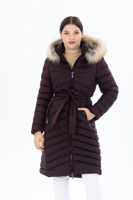 Women's Long Removable Fur Hooded Padded Waist Belt Waterproof Inflatable Coat 8529 1001m8529