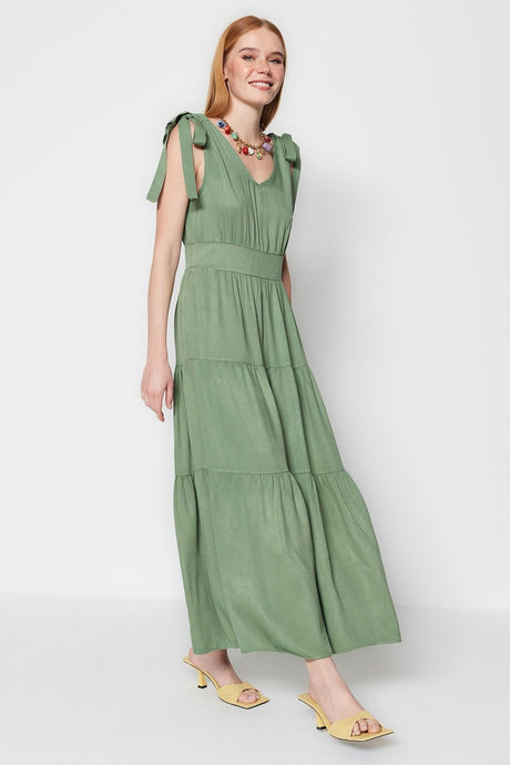 Khaki A-cut Ruffled V-neck Maxi Woven Dress Twoss23el01161