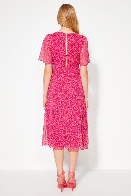 Fuchsia Animal Patterned A Cut Angel Sleeve Lined Chiffon Midi Woven Dress Twoss23el01372