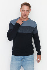 Beige Men's Slim Fit Crew Neck Blocked Sweater Tmnaw21kz0543