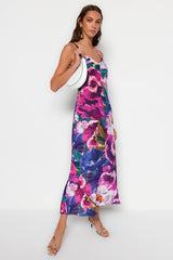 Multicolor Floral Pattern Straight Cut Strappy Midi Satin Woven Dress Twoss23el02416