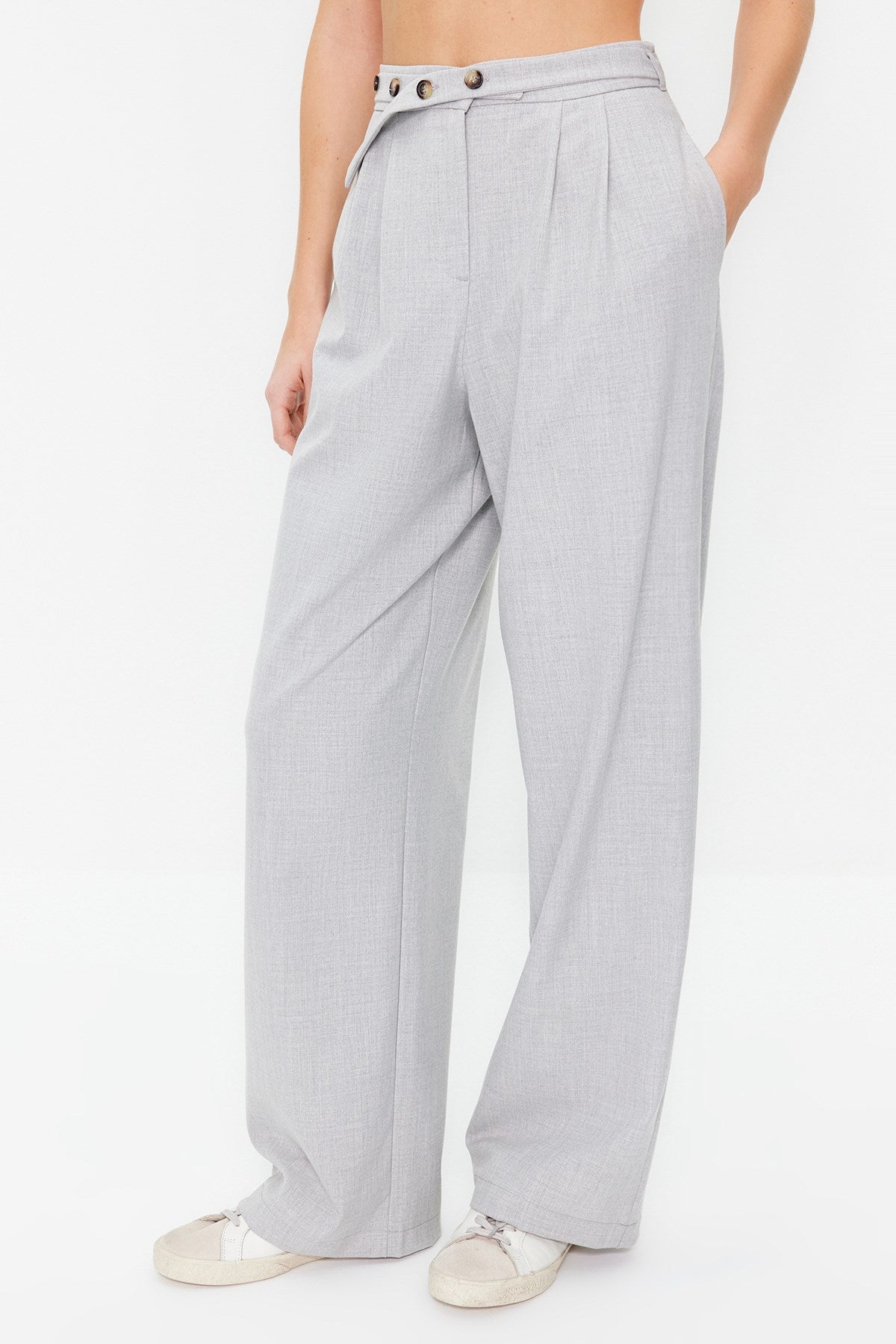 Grey Straight/straight Cut Belt Detailed Woven Pants Twoss24pl00023