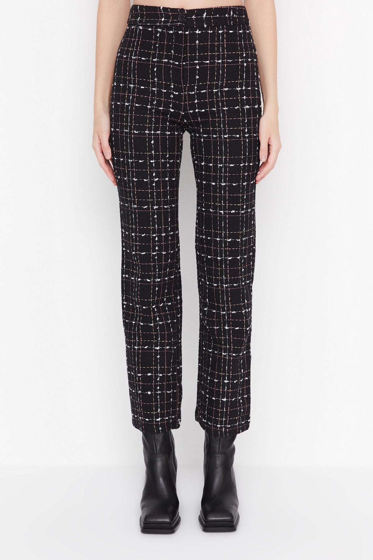 Black High Waist Cigarette Tweed Checkered Woven Pants Twoaw23pl00046