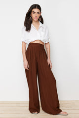 Pleated Detailed Wide Leg/wide Leg Dark Brown Textured Fabric Woven Pants Twoss24pl00057