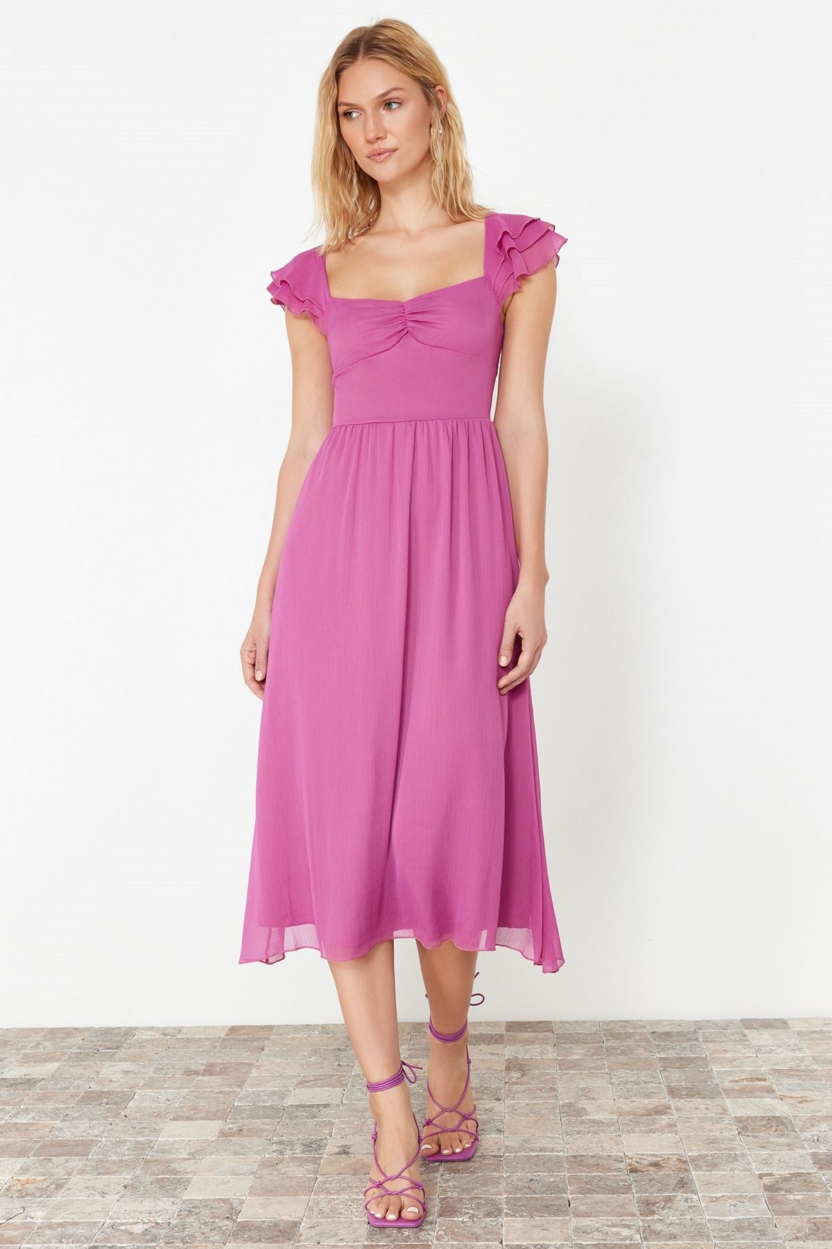 Ecru Waist Chiffon Lined Midi Woven Dress Twoss24el00541