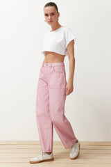 Pink Striped High Waist Barrel Jeans Twoss24je00287