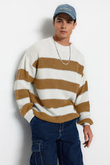 Camel Mens Oversize Fit Wide Pattern Crew Neck Striped Knitwear Sweater Tmnaw23kz00106