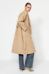 Beige Oversize Wide Cut Belted Sleeve Detailed Pockets Water Repellent Long Trench Coat Twoaw24tr000