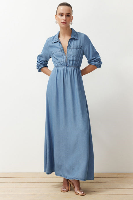 Dark Blue Midi Denim Modest Dress Twoss24el00834