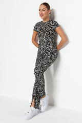 Black Zebra Pattern Slit Detailed High Waist Straigth Knitted Pants Twoss22pl0243