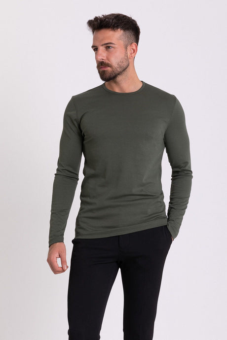 Flat Tile Color Slim Fit Long Sleeve Crew Neck Men's T-shirt 36671.21k