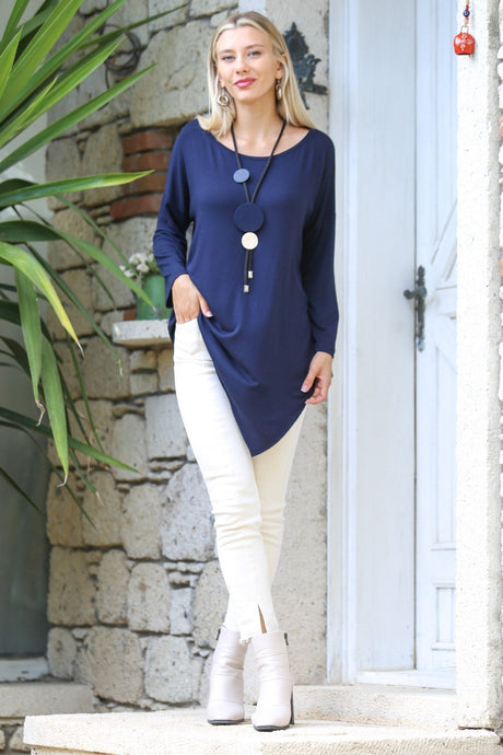 Navy Boat Neck Long Sleeve Knitted Asymmetric Casual Blouse M10010200bl92831