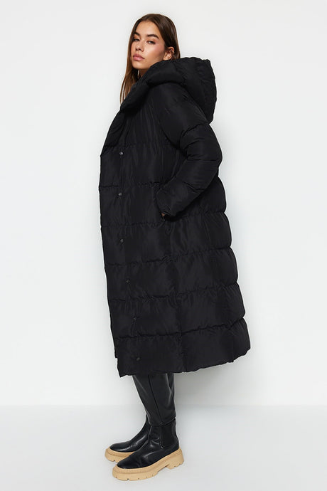 Black Oversize Side Snap Closure Water Repellent Long Quilted Inflatable Coat Twoaw24mo00044