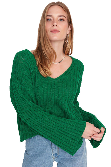 Green Wide Pattern Crop Woolen Basic Knit Sweater Twoaw23kz01844