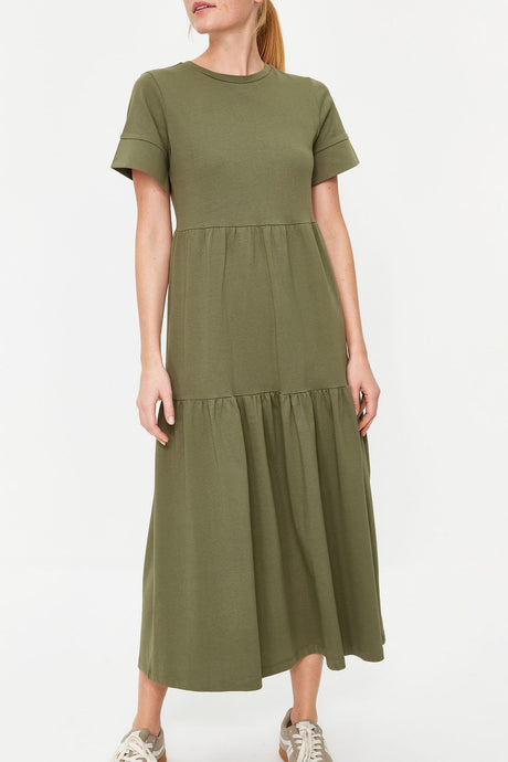 Khaki Ruffle Short Sleeve Knitted Maxi Dress Twoss24el00132