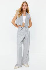 Grey Straight/straight Cut Belt Detailed Woven Pants Twoss24pl00023