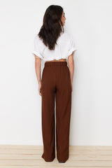 Pleated Detailed Wide Leg/wide Leg Dark Brown Textured Fabric Woven Pants Twoss24pl00057