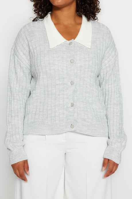 Indigo Ribbed Collar Detail Buttoned Knit Cardigan Tbbaw23av00084