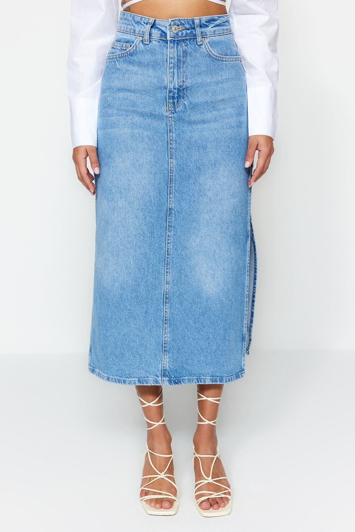 Light Blue Slit High Waist Maxi Denim Skirt Twoss23et00109