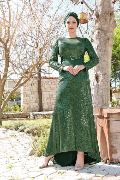 Women's Green (emerald) Belt Detailed Sequin Evening Dress 5578 20yabltr5578