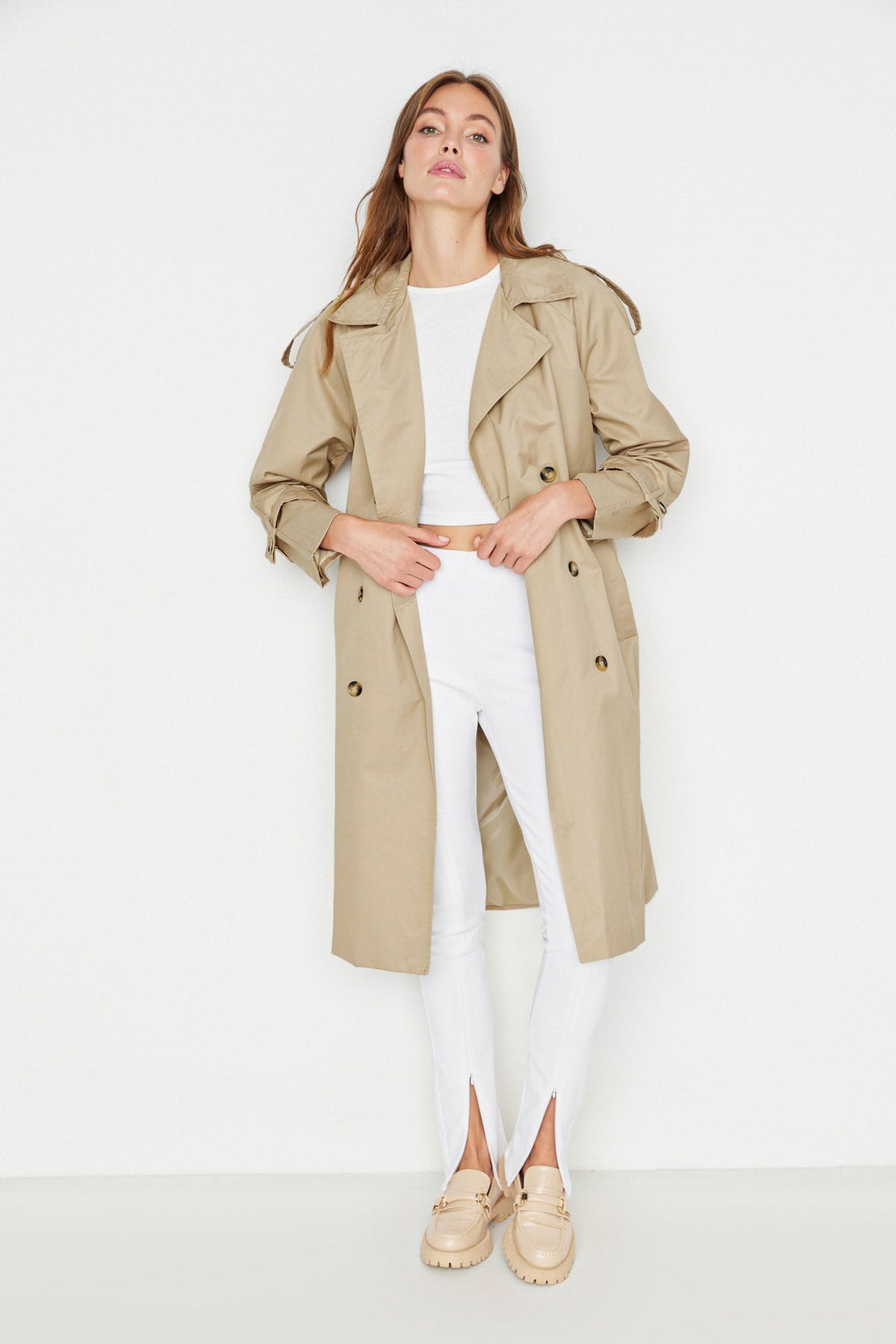 Beige Belted Water Repellent Trench Coat Twoss20tr0012