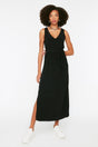 Black Drawstring Detailed Midi V Neck Stretchy Knitted Dress Twoss22el2795