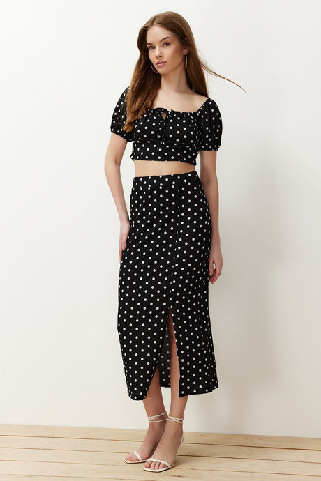 Black Polka Dot Carmen Collar Ribbed Stretchy Knitted Bottom Top Suit Twoss24au00029