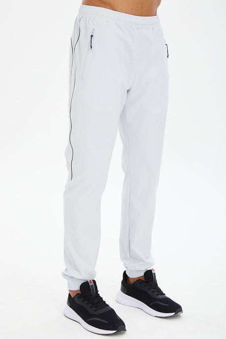 Men's Beige Woven Ribbed Leg Straight Zipper Pocket Sport&casual Sweatpants 0787 Tb23ml05s0787-1