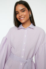 Blue Striped Belted Balloon Sleeve Back Long Woven Shirt Tctss22go0116