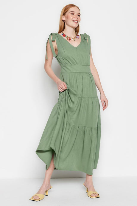 Khaki A-cut Ruffled V-neck Maxi Woven Dress Twoss23el01161