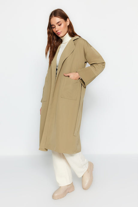 Beige Oversize Wide Cut Belted Sleeve Detailed Pockets Water Repellent Long Trench Coat Twoaw24tr000