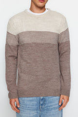 Beige Men's Slim Fit Crew Neck Blocked Sweater Tmnaw21kz0543