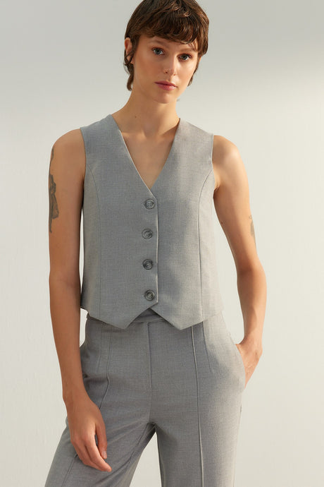 Grey Premium Fitted Buttoned Woven Vest Twoaw24ye00061