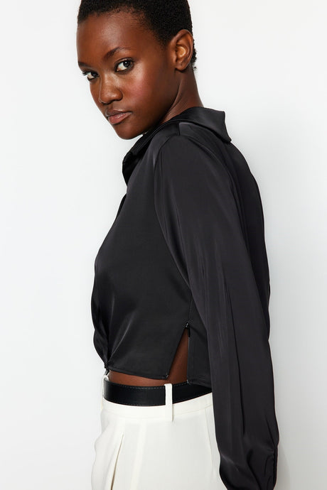 Black Satin Crop Woven Shirt Collar Blouse Twoaw24bz00197