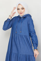 Hooded Detailed Denim Dress Dark Blue 2096