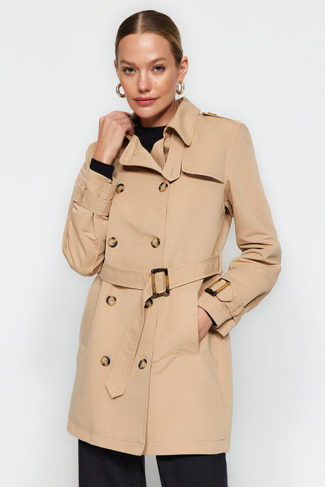 Beige Fitted Belted Trench Coat Twoaw24tr00049