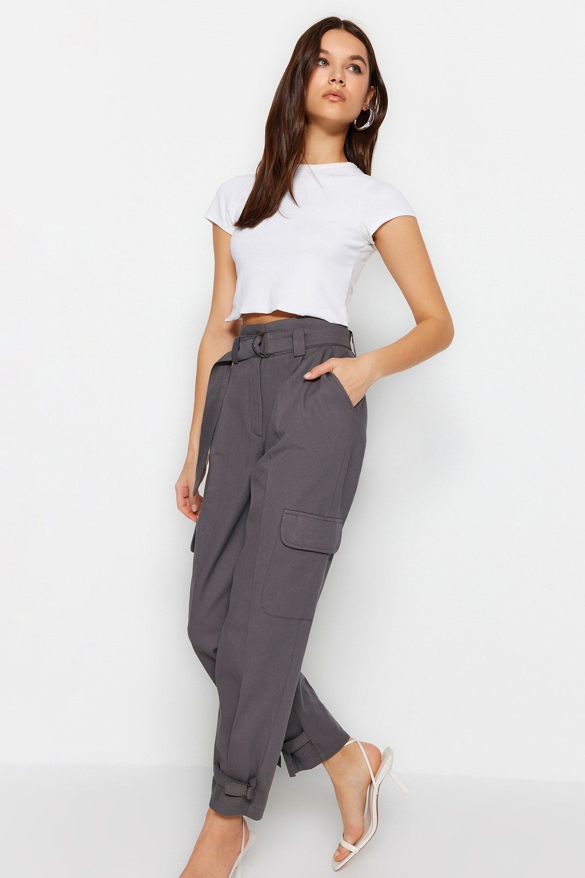 Grey Belted Cargo Woven Pants Twoss21pl0138