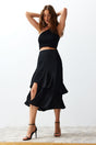 Black Flounce Midi Woven Skirt Twoss24et00132