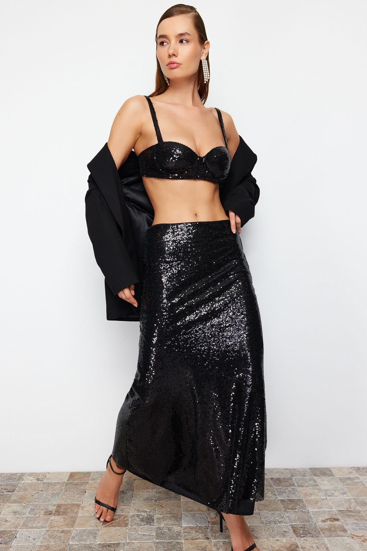 Black Sequin Long Woven Skirt Tprss24et00011