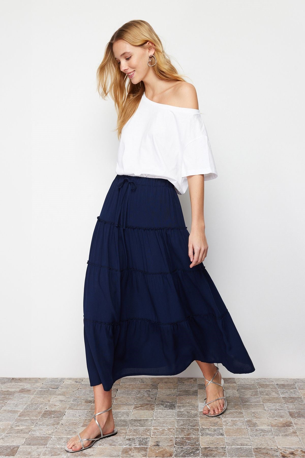 Navy Blue Waist Ruffle Detail Flared Maxi Length Woven Skirt Twoss24et00098