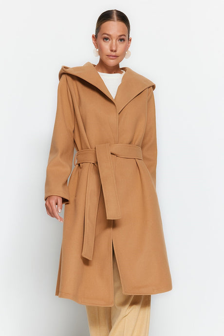 Camel Oversize Wide Cut Standard Size Hooded Belted Long Cashmere Coat Twoaw24kb00017