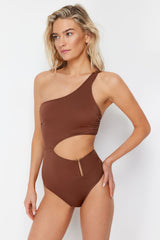 Brown One Shoulder Accessorized Regular Swimsuit Tbess24my00004