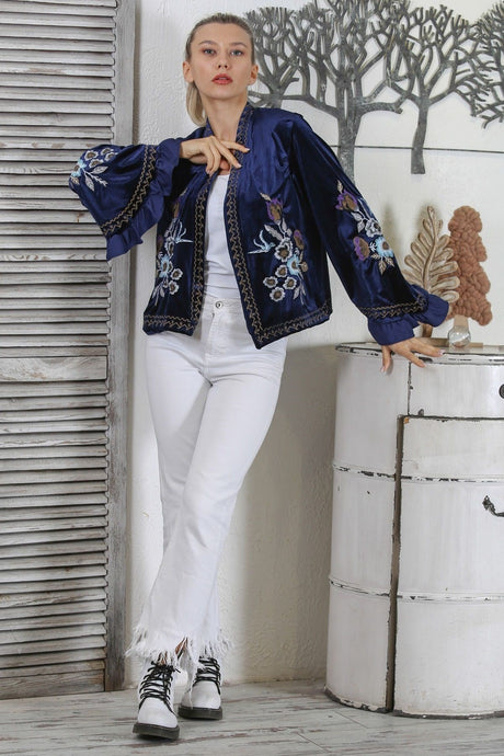 Navy Blue Kimono Collar Spanish Sleeve Ruffle Embroidered Woven Velvet Jacket M10210100ce98316