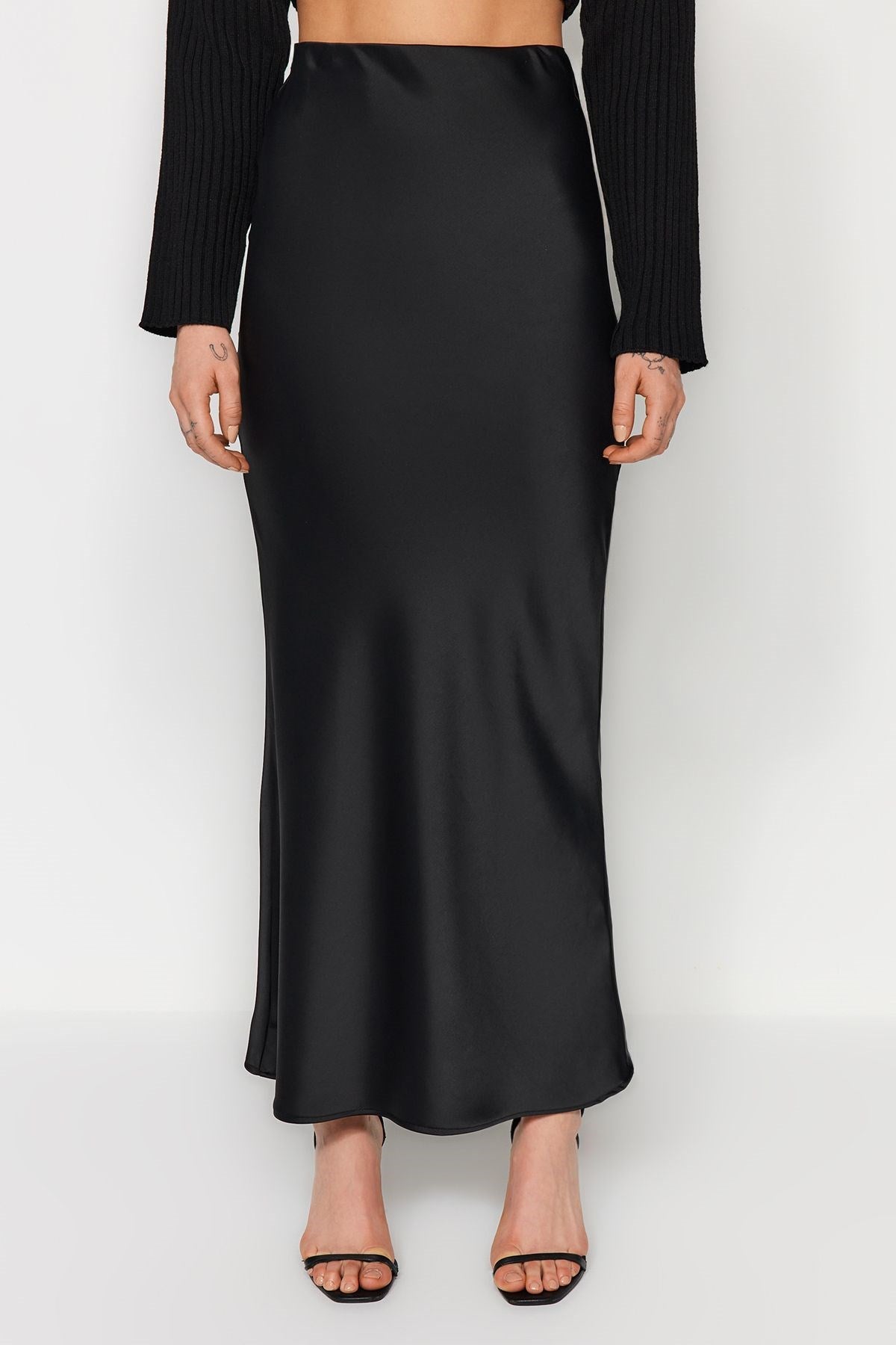 Black Fish Cut Satin Maxi Length Woven Skirt Twoaw24et00358