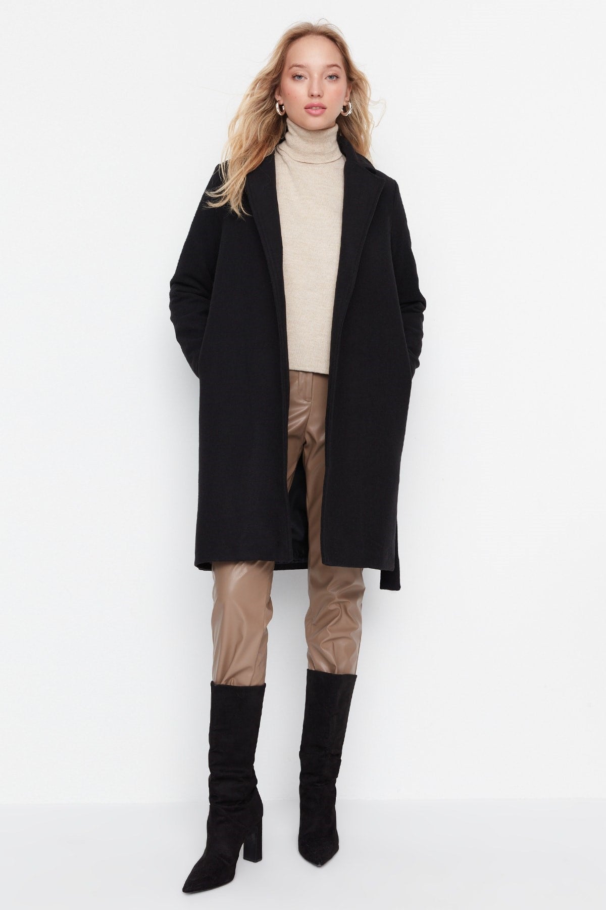 Long Woolen Cashmere Coat With Black Belt Twoaw20kb0033