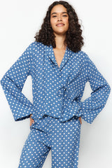 Powder Heart Pattern Drawstring Detailed Shirt-pants Woven Sleepwear Set Thmaw22pt0300