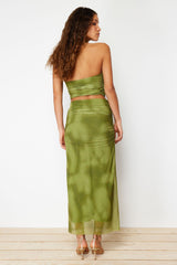 Green Draped Maxi Tulle Flexible Knit Skirt Twoss24et00023