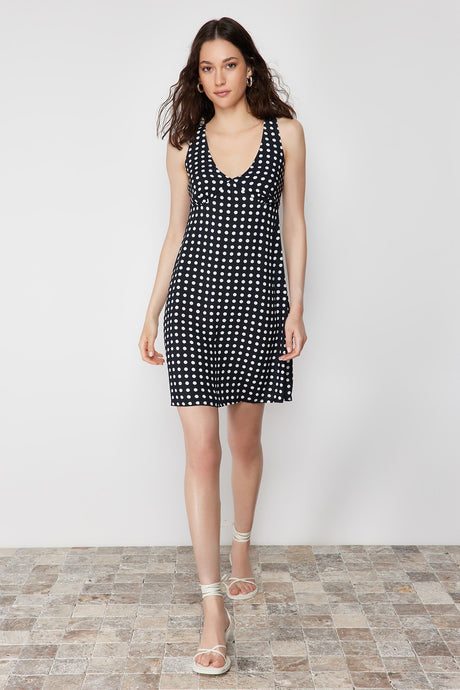 Black Polka Dot V Neck Viscose Mini Woven Dress Twoss24el00509