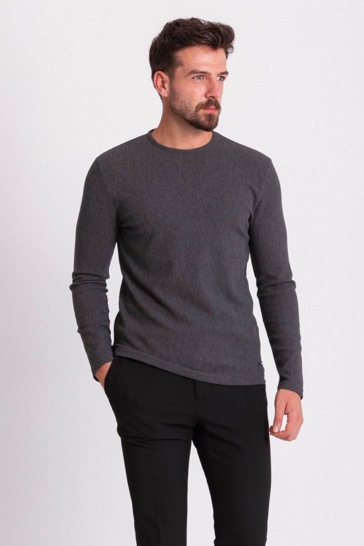 Anthracite Color Slim Fit Long Sleeve Crew Neck Men's T-shirt 36679.21k